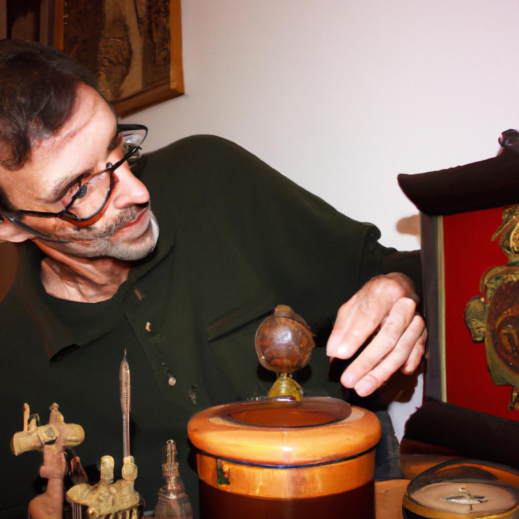 Person inspecting antique collectibles, verifying