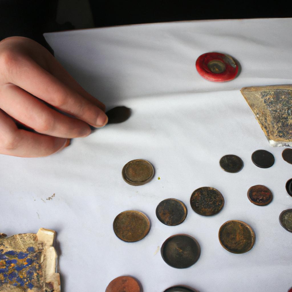 Person examining coins and antiques