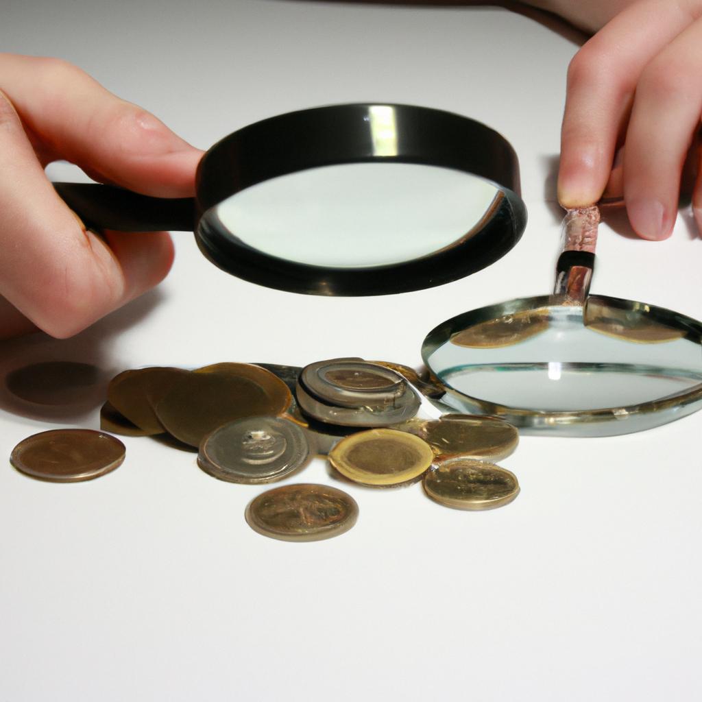 Person examining coins with magnifying glass