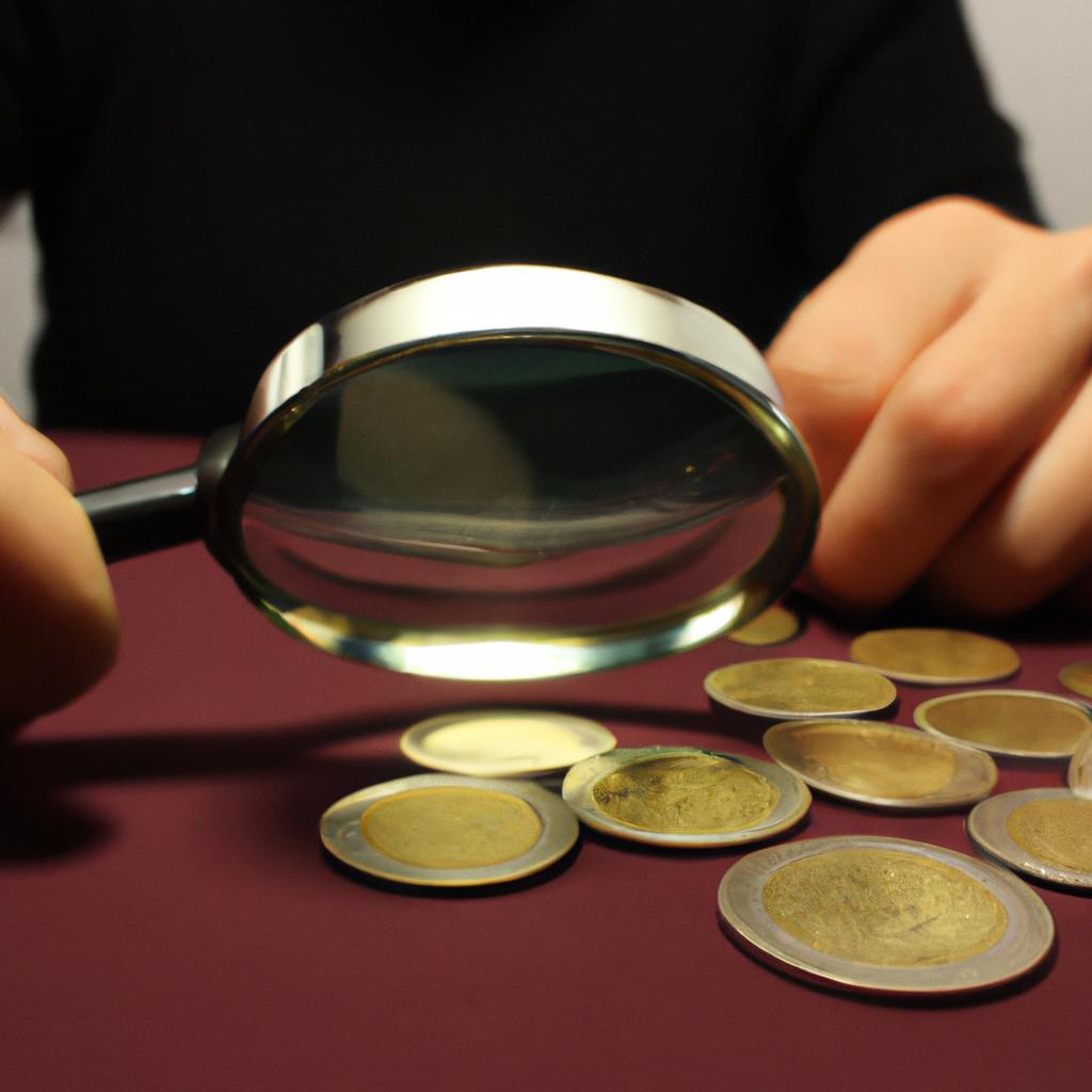 Person examining coins with magnifying glass