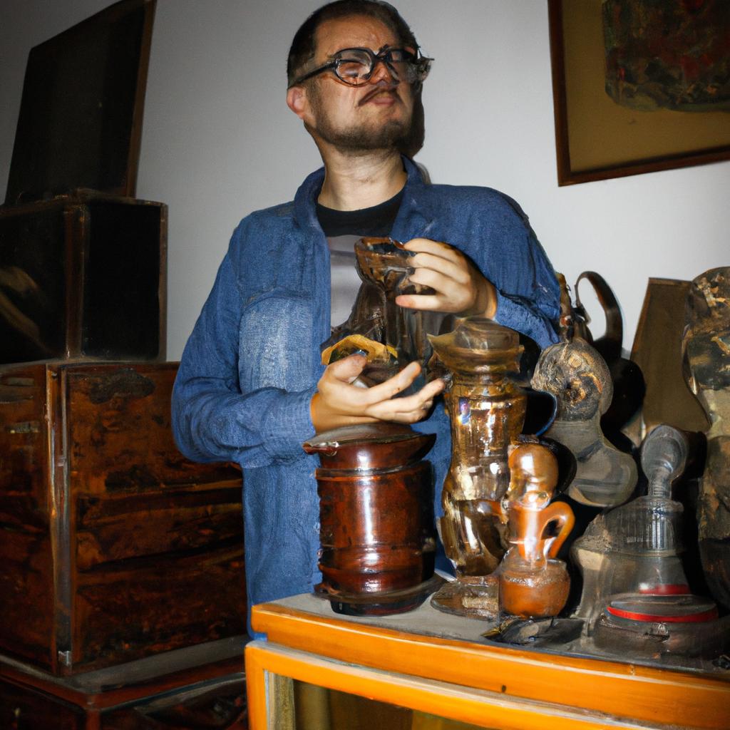 Person appraising antique collectibles