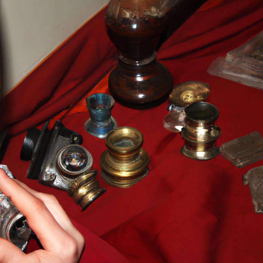 Person examining antique artifacts for authenticity