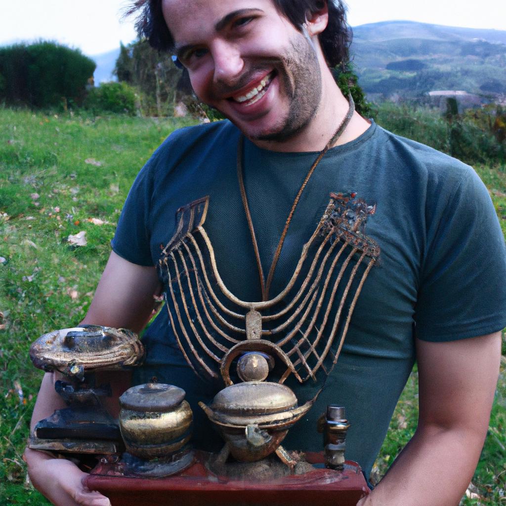 Person holding antique collectibles, smiling