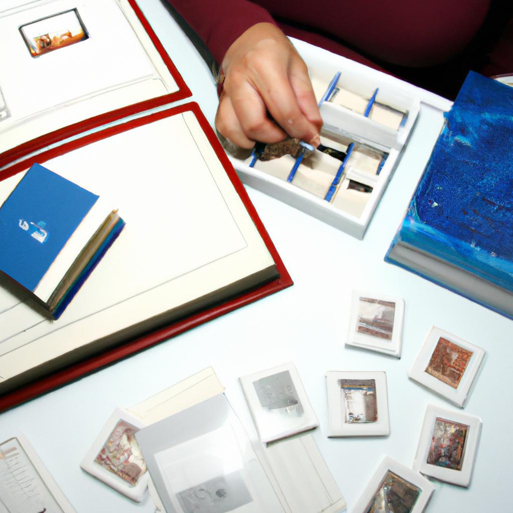 Person arranging stamps in album