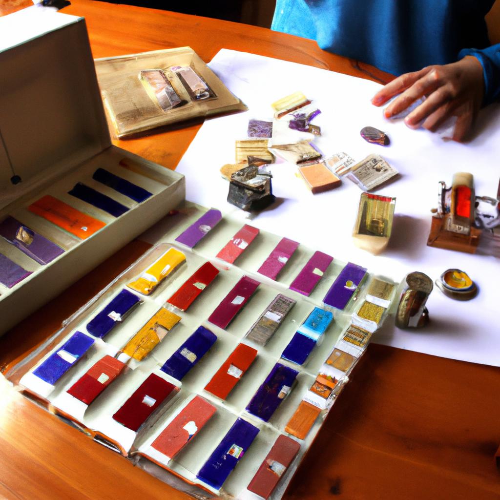 Person organizing stamp collection supplies