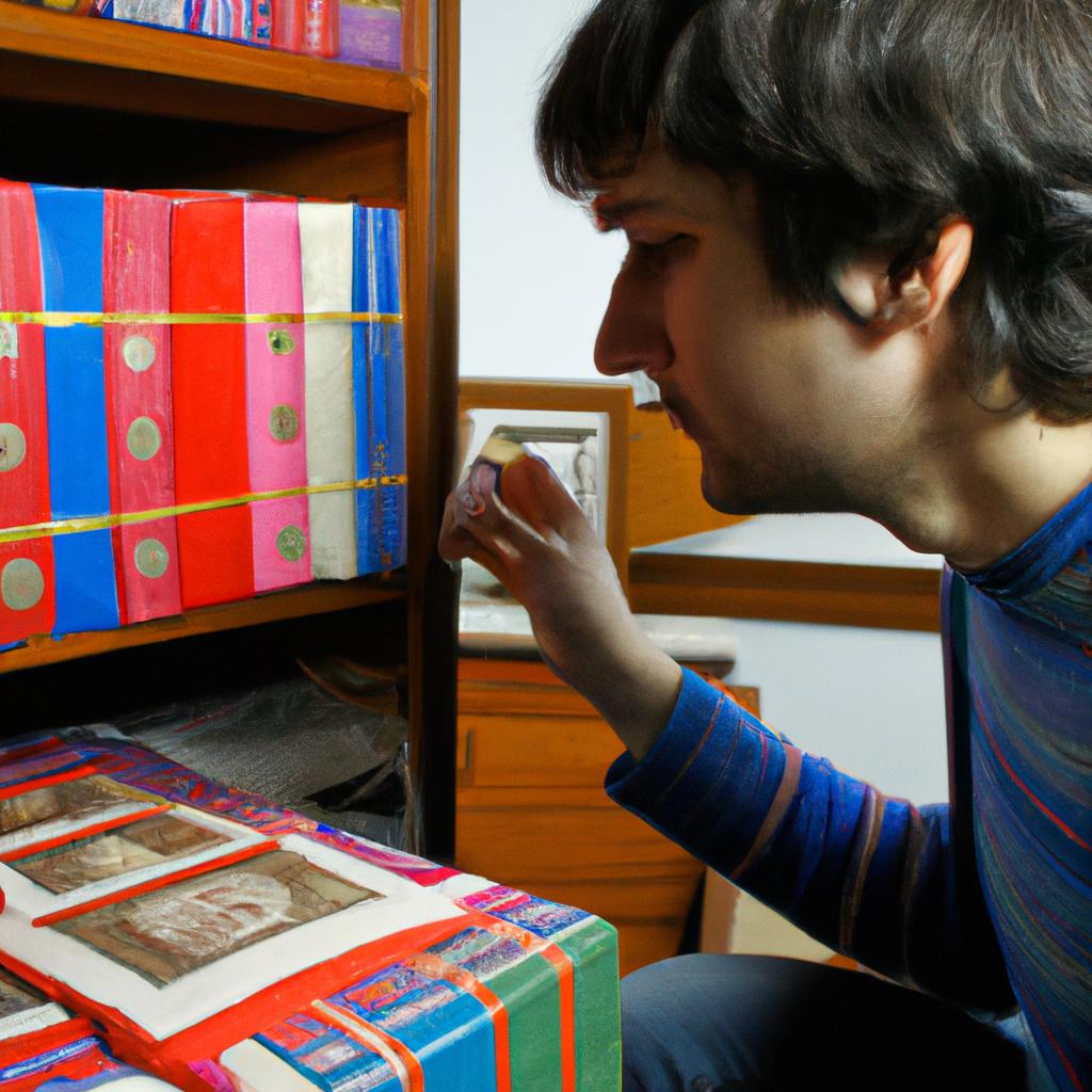 Person examining rare stamp collection