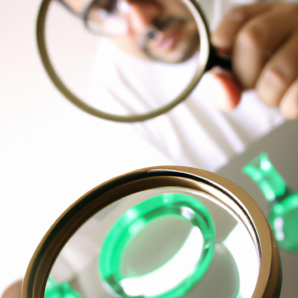Person examining glassware with magnifying glass